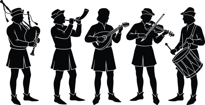 Medieval traveling musicians and minstrels playing bagpipes, horn, lute, fiddle, and drum, traditional folk performers silhouette on white background