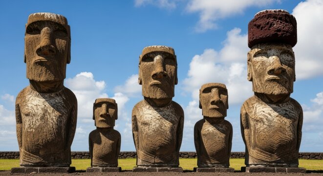 Ancient stone moai statues on easter island against a blue sky with white clouds