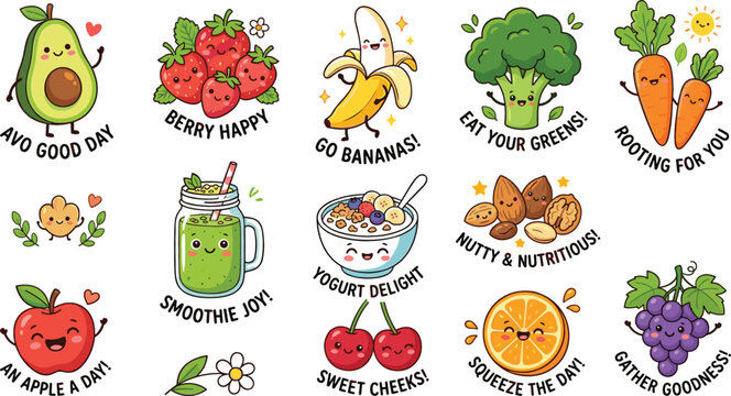 Cute healthy food cartoon character sticker set with funny fruit and vegetable pun phrases for nutrition education and children diet graphic design elements