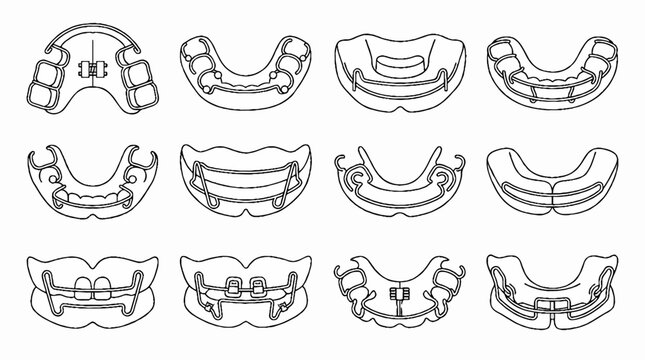 A collection of various orthodontic dental retainers and appliances in line art style.