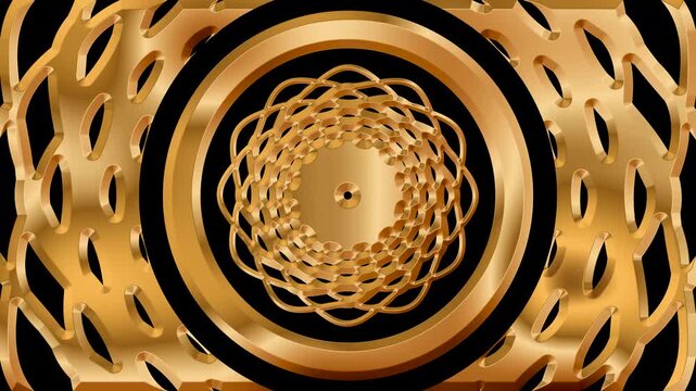 A luxurious 3D animation of a spinning golden mandala rosette encircled by rings and a perforated metal mesh on a black background, seamless loop.