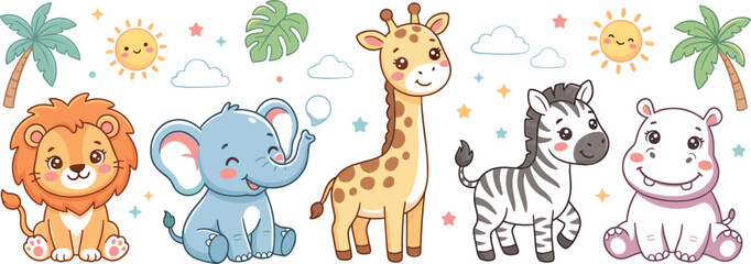 Cute safari jungle animals cartoon character sticker sheet with lion elephant giraffe zebra and hippo for nursery wall art graphic design elements © AntarChandra