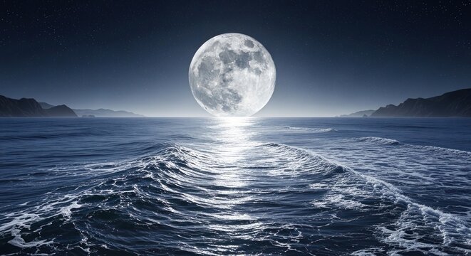 Full moon rising over serene ocean waves at night. Bright lunar reflection on calm sea with rocky coastline backdrop.