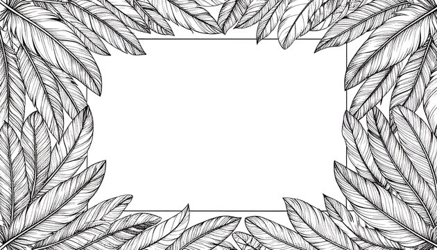 Hand-drawn black and white feather frame with intricate details surrounding a blank white space.