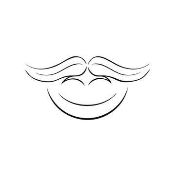 Minimalist smiling face outline with mustache and closed eyes, hand-drawn cartoon style