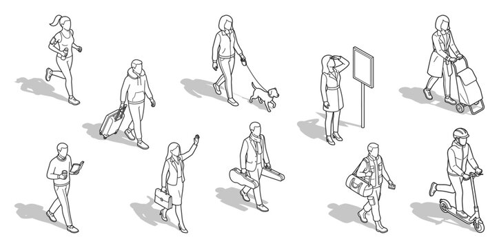 Isometric people line art vector silhouettes | Diverse figures walking and commuting with shadows for architectural CAD site plan visualization