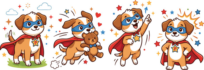 Cute superhero puppy cartoon character sticker sheet with happy dog wearing cape and mask for children book graphic design elements © AntarChandra