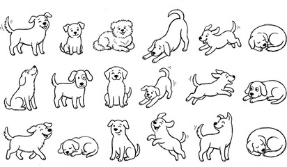 Fototapeta premium Collection of various dog activities and poses in hand drawn sketch style with activity