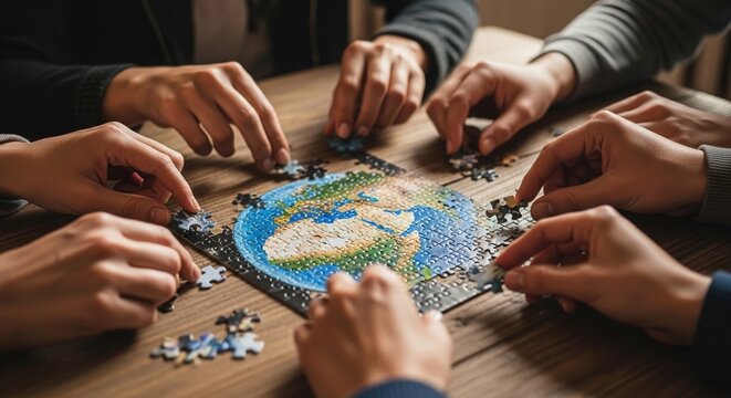 Team collaborating on data analysis with colorful puzzle pieces. Business professionals solving complex strategy using hands-on problem-solving tools.