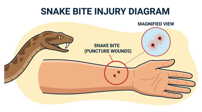 Detailed medical vector illustration showing a snake bite puncture wound on a human arm with a close up magnified view