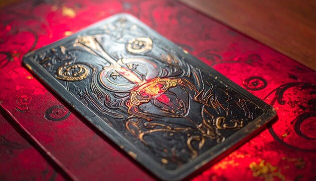 Ornate Tarot Card with Mystical Imagery on Red Velvet Surface.