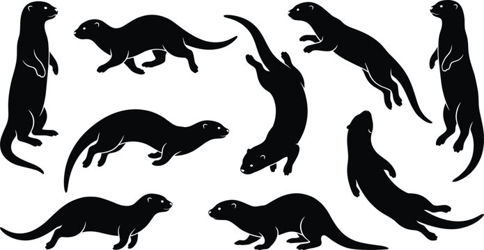 Otter silhouettes, aquatic mammal icons, swimming weasel shapes, playful river wildlife, nature animal graphics, sea otter elements, wild creature poses.