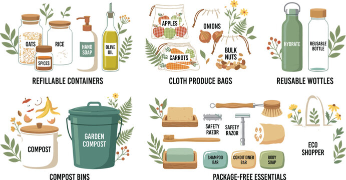  Eco friendly zero waste household infographic element set with refillable containers reusable bottles compost bins and package free toiletries for sustainable marketing graphic designs