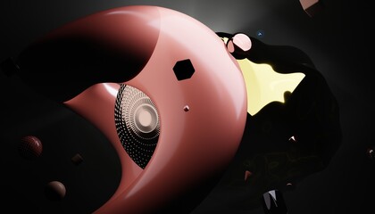 Curved salmon form orbiting a glowing dark portal structure © AleksandrMet