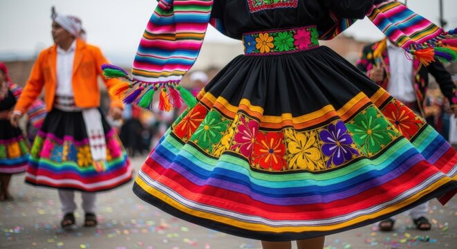 Peruvian dancers in traditional colorful clothing performing a folk dance at a festival