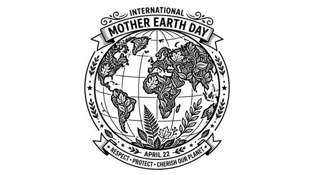 International Mother Earth Day celebration emblem featuring a detailed floral world map illustration for environmental awareness and protection