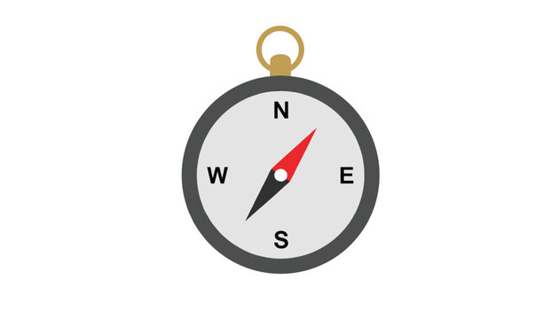 Classic pocket compass with a red and black needle pointing northeast on a plain white background for travel and orientation.