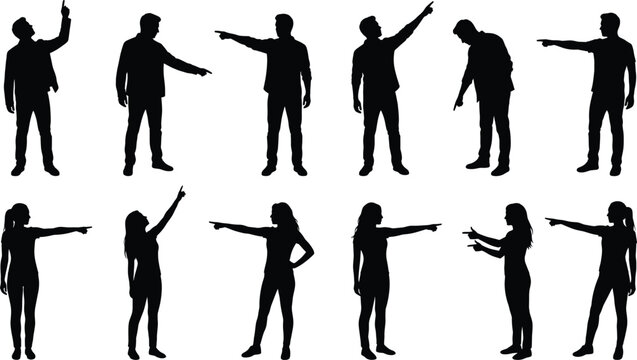 People silhouettes pointing fingers in various directions, man and woman standing poses, human body gestures collection, isolated business character figures.
