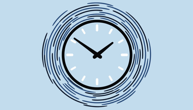 Round wall clock surrounded by a modern abstract blue swirl of circular lines representing the flow and passage of time.