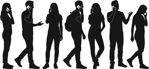 People talking on mobile phone silhouettes, casual men and women using smartphones, crowd calling, communication technology icons, person walking with cellphone. © MstSumi