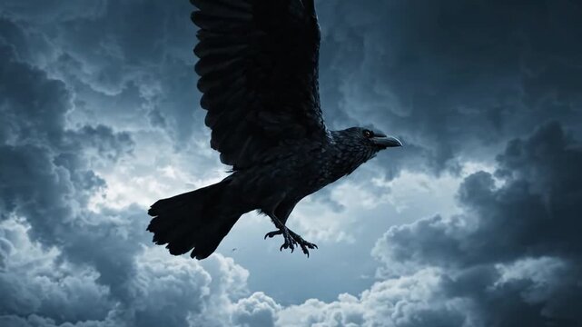 A solitary raven glides through stormy, dark clouds with wings spread wide against a dramatic sky.