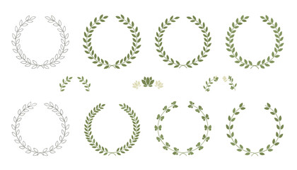 Fototapeta premium Elegant collection of green laurel wreaths, branches, and leaf dividers on a white background for wedding invitation design.