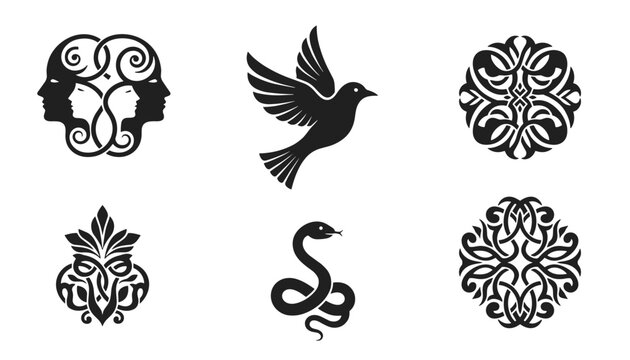 Mystical collection of black silhouettes featuring human profile faces, flying bird, snake, and floral mandalas.