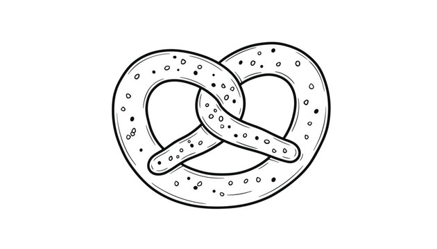 Black and white line art illustration of a traditional baked pretzel with salt crystals on white background.
