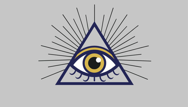 All seeing eye symbol inside a blue triangle with radiating lines representing esoteric or mason iconography.