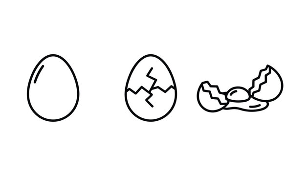 Three stages of a chicken egg from a whole shell to cracked and completely broken with yolk in line art style.