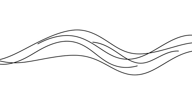 Abstract flowing wave lines in motion. Dynamic black ink strokes on white background for modern design.