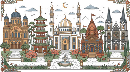 Obraz premium Global religious architecture vector illustration featuring cathedral pagoda mosque hindu temple and synagogue landmarks for multicultural education banners