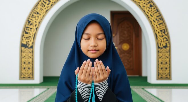 Young muslim girl in hijab praying with beads in a mosque