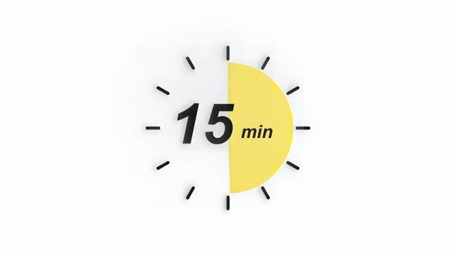 Animated countdown timer with minutes displayed in bold black font on yellow background, symbolizing time management, productivity, and scheduling
