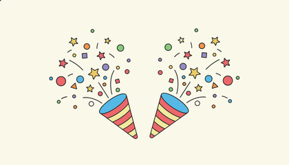Obraz premium Two party poppers shooting colorful confetti and stars toward each other on a pale yellow background.