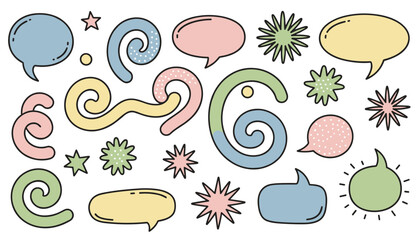 Fototapeta premium Playful collection of speech bubbles, pastel swirls, and starry shapes outlined in black on a white background.
