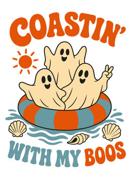 Three Happy Ghost Friends Floating On Water