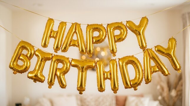 Golden Happy Birthday Balloon Banner, Party Decoration, Celebration Message