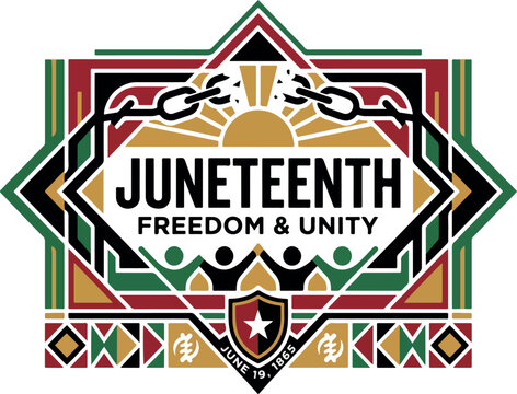 Juneteenth celebration graphic design featuring broken chains and stylized figures in red black yellow and green colors to honor historical African American emancipation on transparent background
