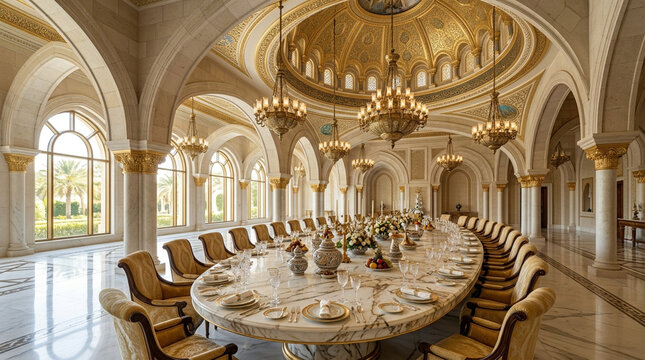 Grand Banqueting Hall with Oval Marble Table, Golden Dome, and Chandeliers