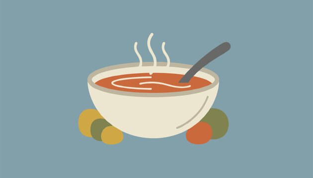 Warm steaming bowl of vegetable soup with a spoon and potatoes set on a muted blue background backdrop.
