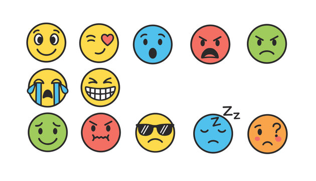 Grid of colorful simple emoji icons in multiple emotional expressions including happy, sad, angry, surprised, and tired.
