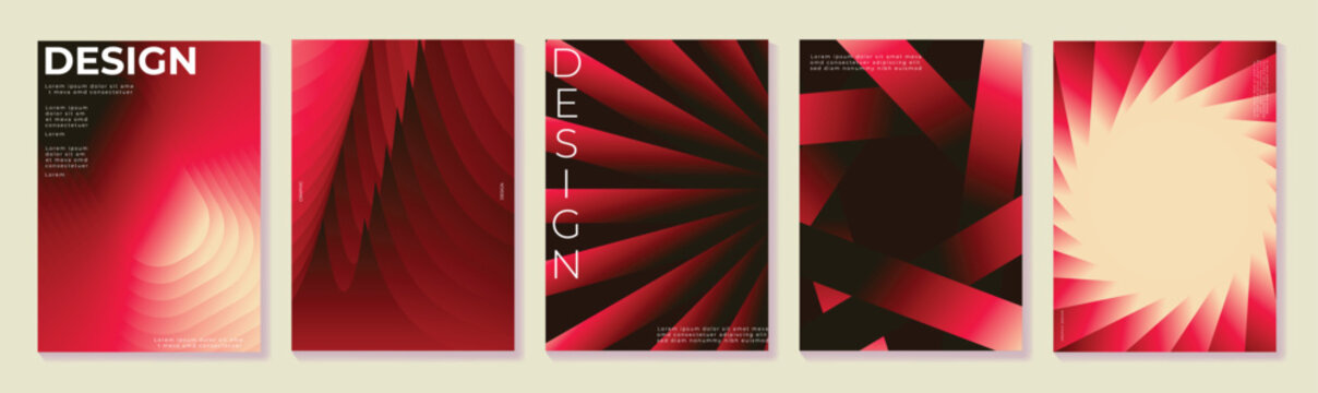 Abstract red poster templates set vector. Modern black and crimson geometric gradients with folded shapes, radial rays and glowing light for cover, flyer, banner and presentation.