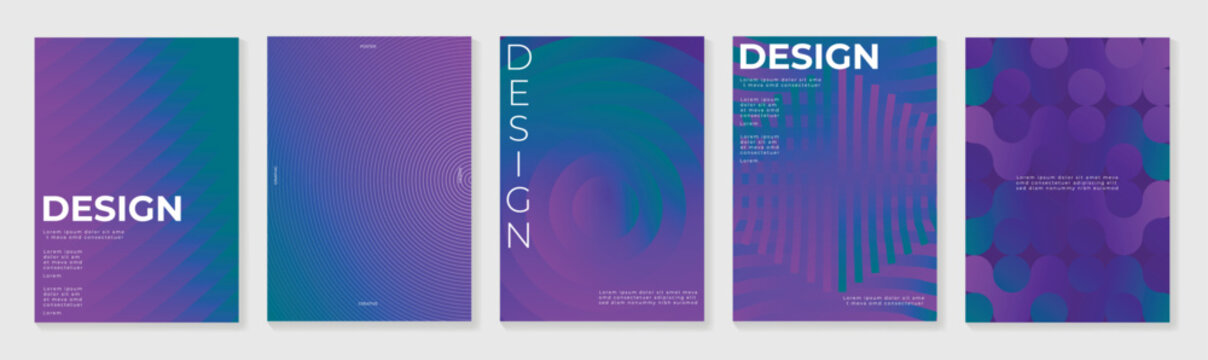 Abstract poster templates set vector. Modern purple and teal gradient backgrounds with flowing curves, halftone lines and organic shapes for cover, flyer, brochure and presentation.