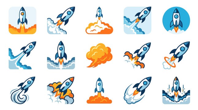 Rocket Launch Icons: Vector Illustrations of Spacecraft Taking Off