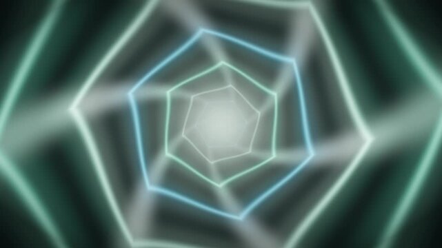 Geometric neon tunnel flythrough concentric polygon rings vanishing point seamless loop in calm emerald tones