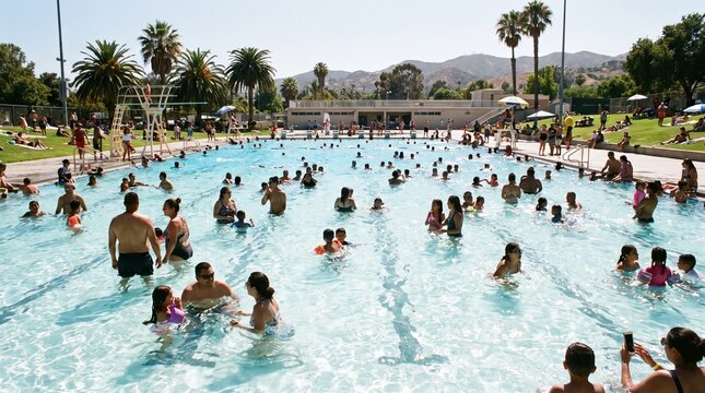Crowded outdoor public swimming pool filled with swimmers enjoying a sunny summer day in the park