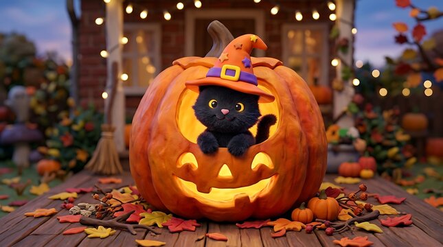 Cute black kitten wearing witch hat sitting inside glowing pumpkin lantern