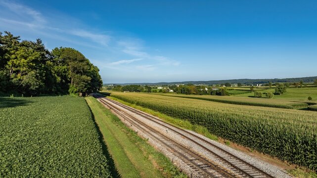 Train tracks run through fields of crops under a clear sky. Green trees line the path, and distant hills appear in the background during late afternoon.