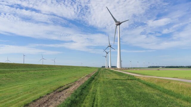 Aerial drone view of wind turbines in a renewable energy farm. Sustainable green power station for clean electricity production and environmental technology infrastructure.